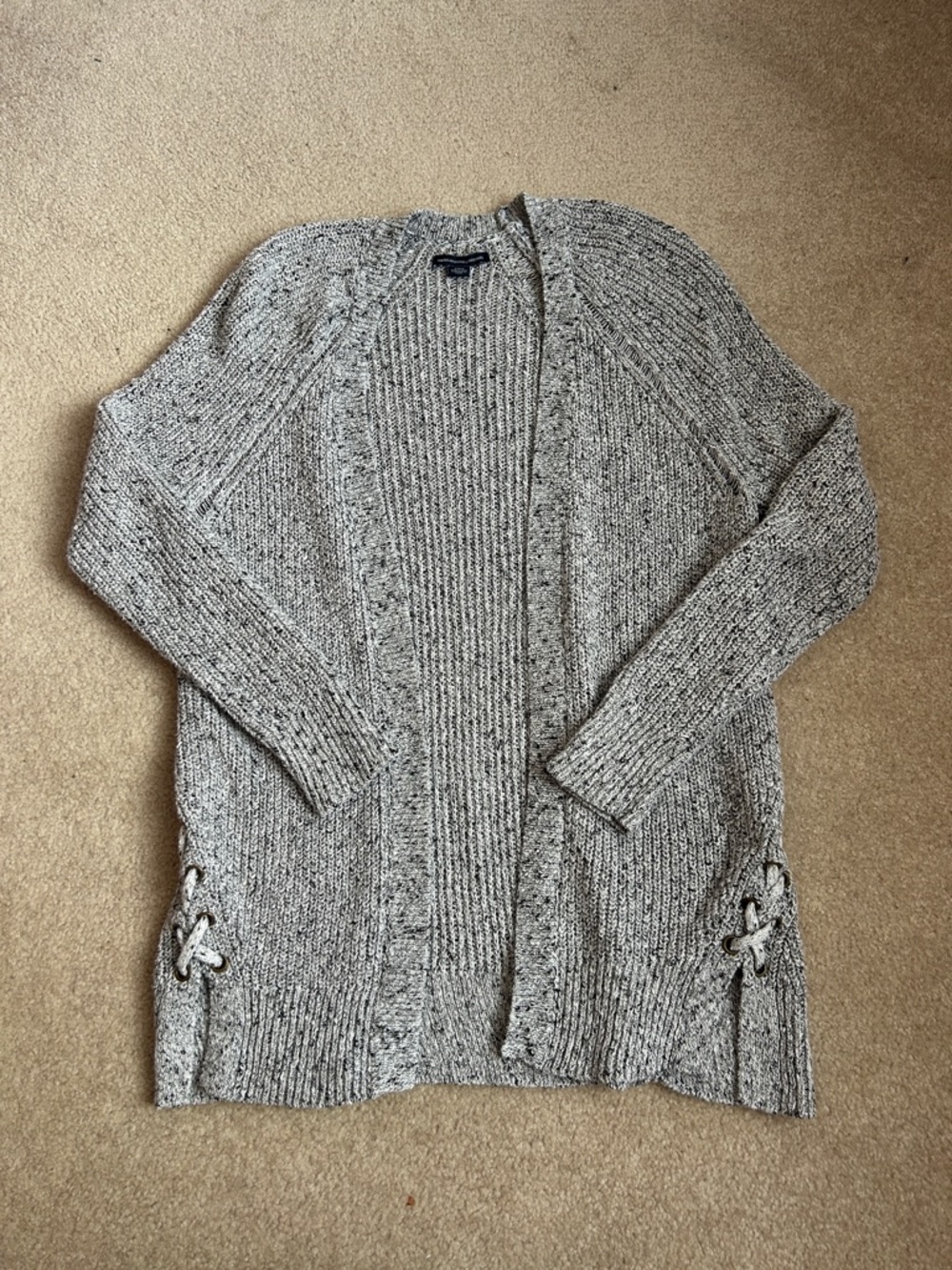 Gray Open-Front Knit Cardigan with Side Lace Details
